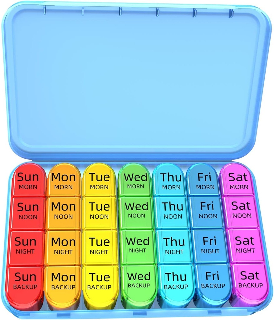 Odaro Weekly Pill Organizer 4 Times a Day, Daily Pill Box 7 Day, Large Travel Pill Case with 28 Compartment to Hold Medicine, Vitamin and Supplement - Blue Case