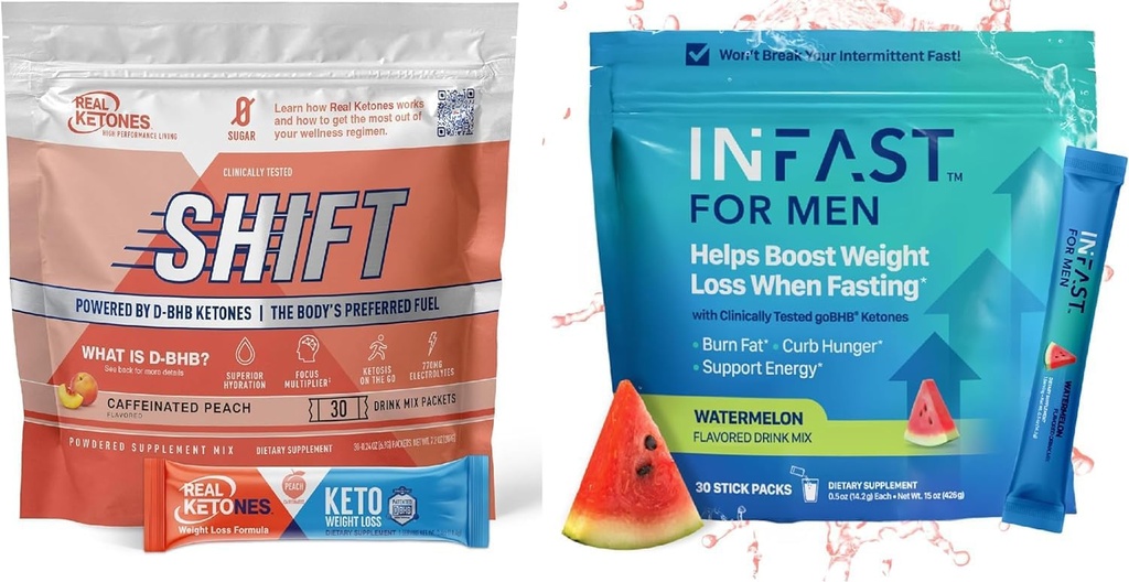 Real Ketones Intermittent Fasting Drink Mix Bundle for Weight Loss Support Caffeine Peach Shift Electrolytes & Intermittent Fasting Electrolytes for Men with BHB Exogenous Ketones (30 Count Each)
