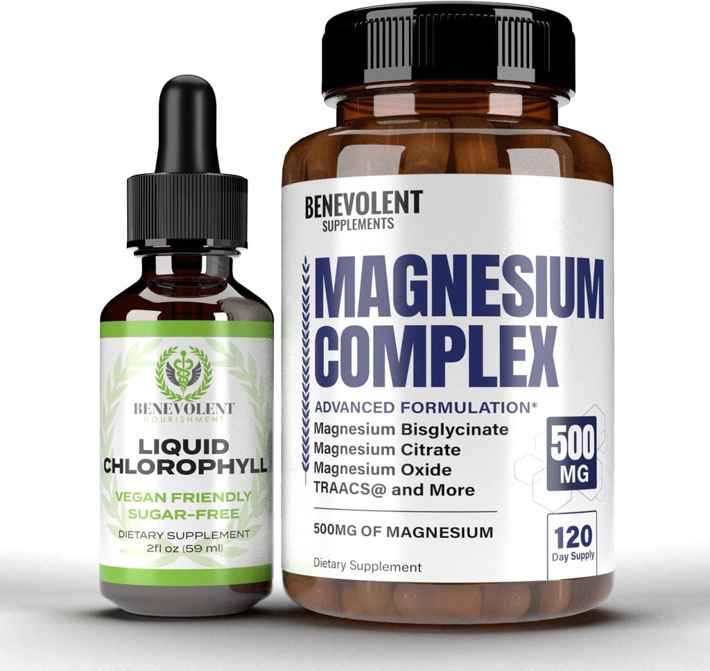 Benevolent Chlorophyll Liquid Drops & Magnesium Complex 4 Month Supply - Highly Concentrated Formula with 4X Potency for Skin Wellness and Freshness - 5 Premium Forms of Magnesium