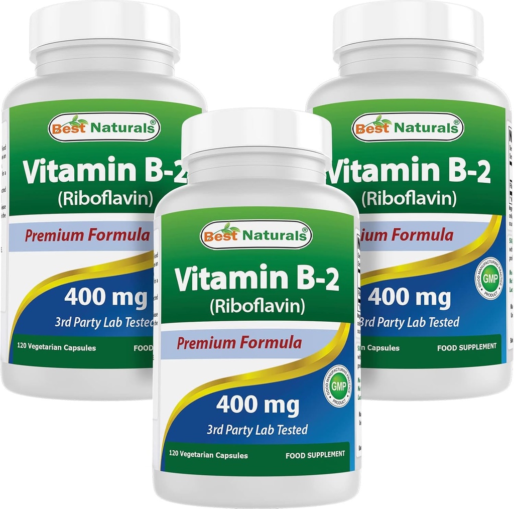 Best Naturals Vitamin B2 (Riboflavin) 400mg - Migraine Relief - Veggie Capsules - Conezyme Precursor - 120 Count (120 Count (Pack of 3))