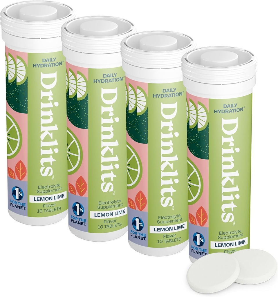 Drinklits Lemon-Lime Daily Electrolyte Hydration Tablets (4) Tube Bundle | Natural Sports Drink – 0g Sugar – Excellent Flavor | 40 Servings - 10 Tablets Per Tube