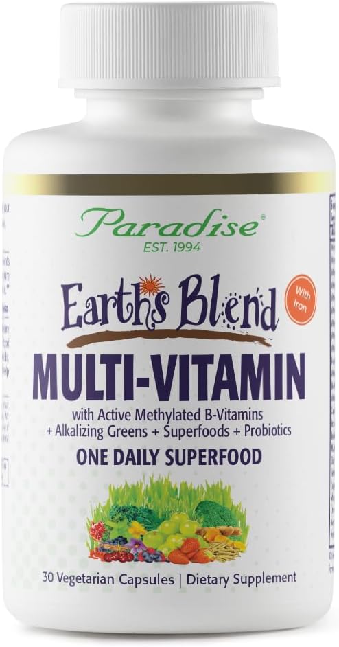 Paradise Herbs Earth's Blend Women's Once Daily Multivitamin with Iron, 48 Organic Superfoods, Probiotics, Antioxidants, Vitamins A, B12, C, D, K2, Daily Superfood, 30 Capsules