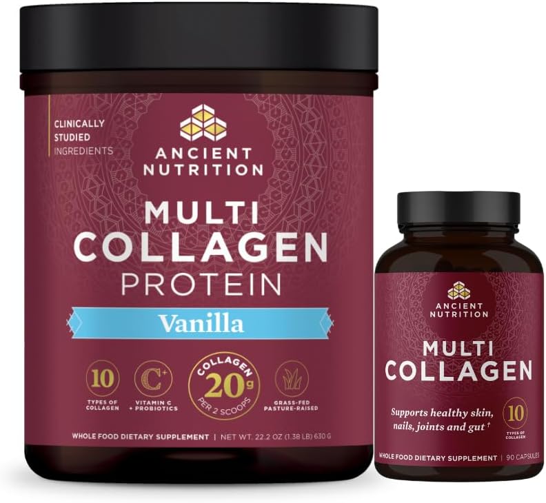 Ancient Nutrition Multi Collagen Capsules, 90 Count + Multi Collagen Protein Powder, Vanilla, 60 Servings