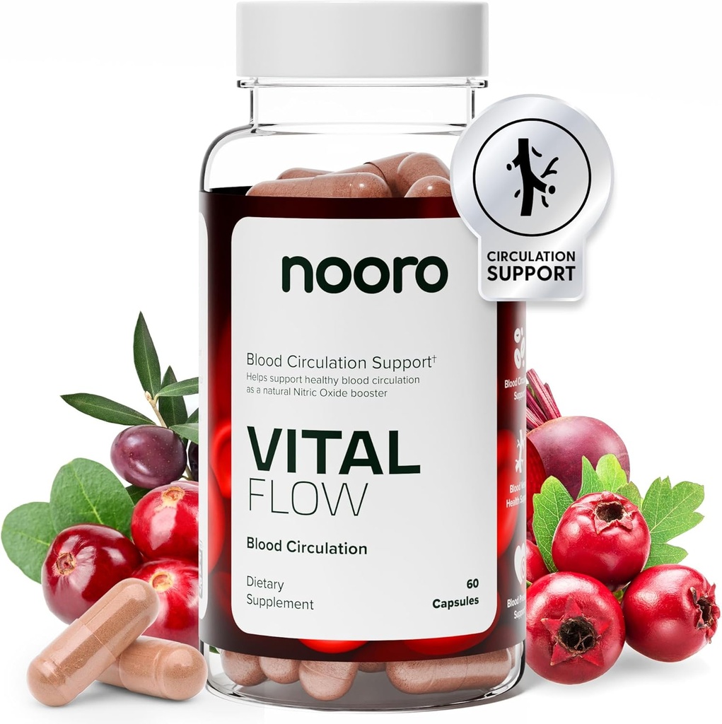 nooro Vital Flow Advanced Blood Circulation Supplement with Nitric Oxide Boost, Vitamin D3, Magnesium, Probiotic Blend, Veins Support Non-GMO and Gluten Free 60 Capsules