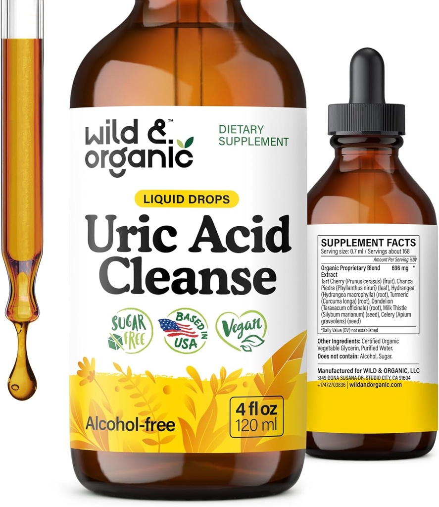 Wild & Organic Uric Acid Cleanse Liquid Drops - Tart Cherry, Turmeric, Celery, Chanca Piedra, Dandelion Root Extract Complex - Uric Acid Supplement - Vegan, Sugar & Alcohol-Free Tincture - 4 fl oz