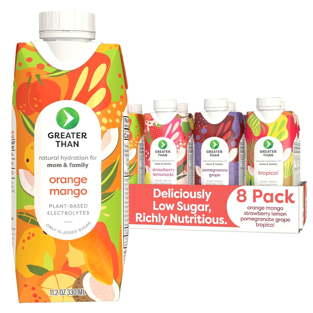 Greater Than Nutrient Hydration Beverage, Electrolyte Drink for Gut Health & Energy with Coconut Water, Vitamins, Gluten Free, Plant Based, Low Sugar, 8 Flavor Variety Pack