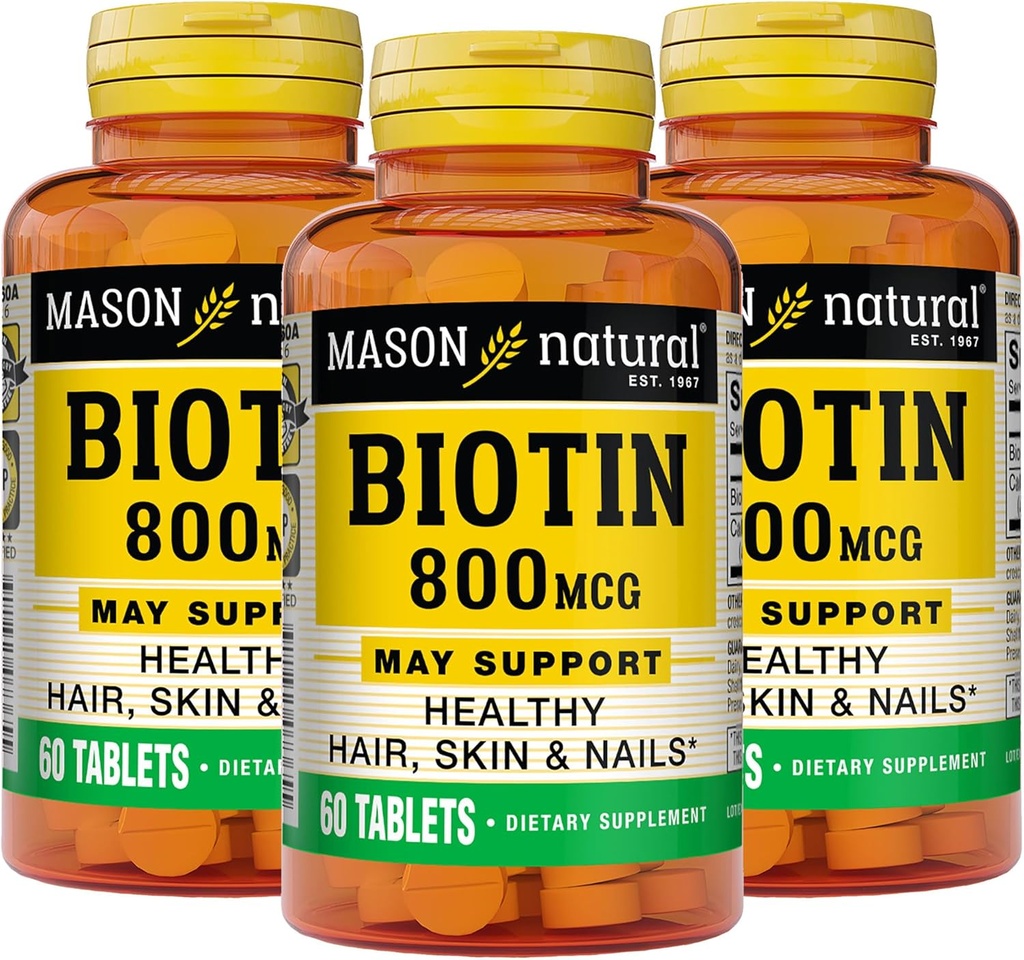 MASON NATURAL Biotin 800 mcg, Hair, Skin & Nail Health Support, High Potency Vitamin B7 Supplement, 60 Tablets (Pack of 3)