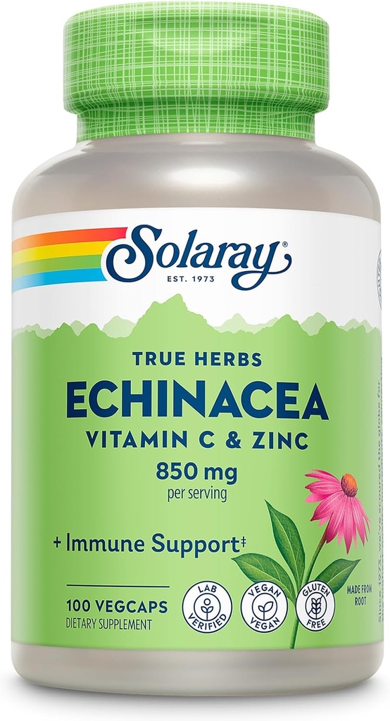 SOLARAY Echinacea Vitamin C & Zinc 850mg Plus Bioflavonoids, Echinacea Capsules for Healthy Immune Support, Vegan, Lab Verified, 60-Day Money-Back Guarantee, 50 Servings, 100 VegCaps