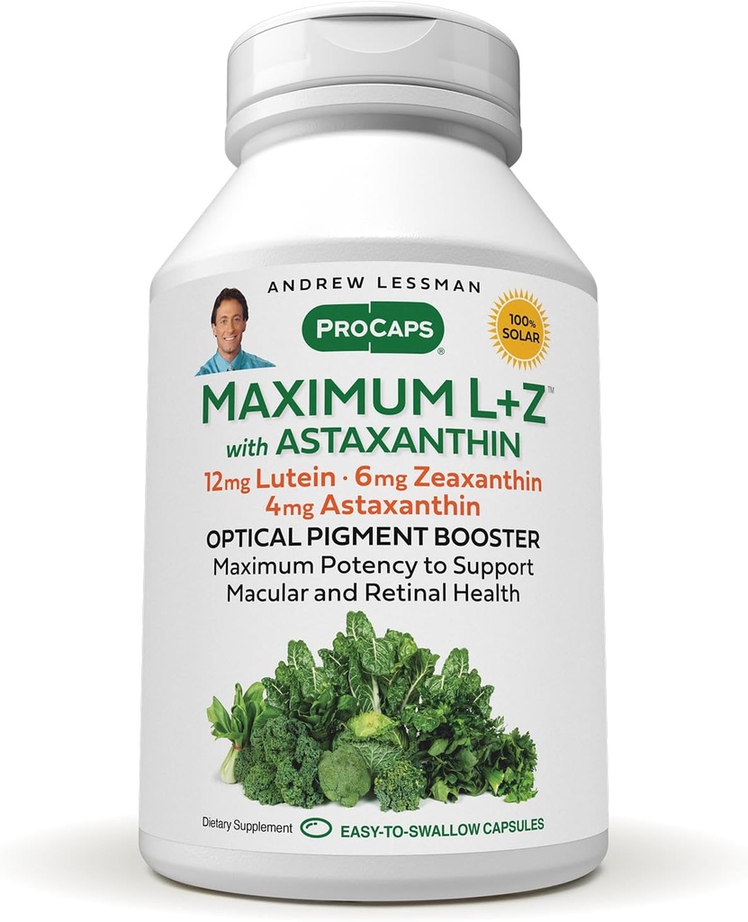 ANDREW LESSMAN Maximum L+Z with Astaxanthin 30 Softgels - 12mg Lutein, 6mg Zeaxanthin, 4mg Astaxanthin. Key Nutrients to Support Eye and Brain Health, and Promote Healthy Vision.