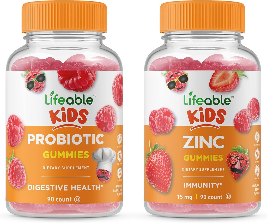 Lifeable Probiotic 2 Billion CFU Kids + Zinc Kids, Gummies Bundle - Great Tasting, Vitamin Supplement, Gluten Free, GMO Free, Chewable Gummy