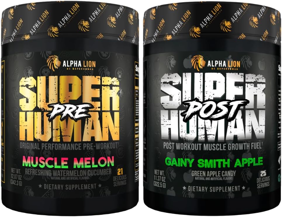 ALPHA LION Superhuman Pre Workout Powder & Post Workout Recovery Bundle, Sustained Energy & Focus + Lean Muscle Growth, Strength & Volume (Muscle Melon & Gainy Smith Apple)