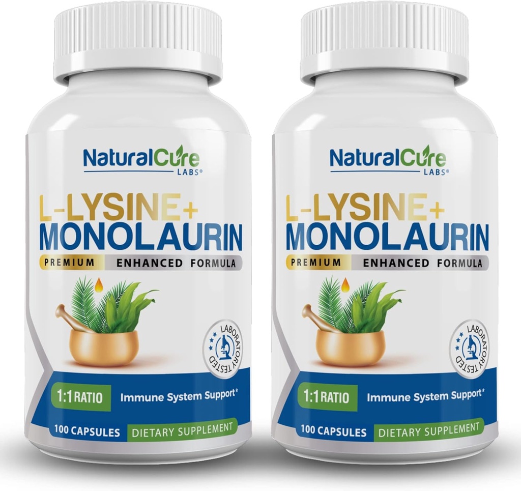 Natural Cure Labs L-Lysine + Monolaurin 600mg 1:1 Ratio, 2 Pack, 200 Capsules