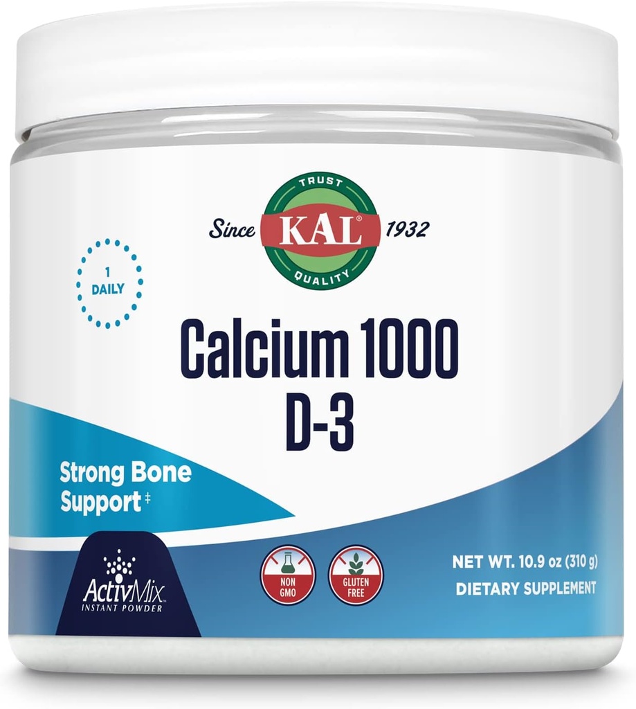 KAL Calcium Vitamin D-3 ActivMix, Powder Calcium Supplement, Bioavailable Calcium Lactate and Gluconate, Bone Health Support, Unflavored, Non-GMO, Gluten Free, 60-Day Guarantee, 31 Servings, 10.9 oz