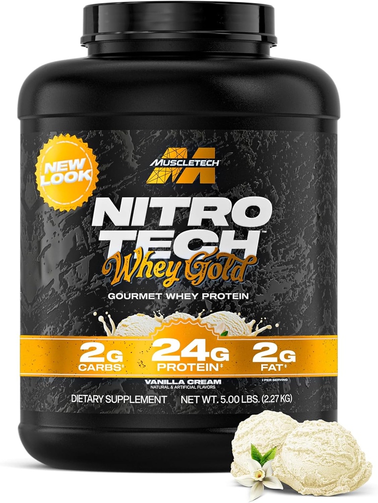 MuscleTech Whey Protein Powder (Vanilla Cream, 5LB) - Nitro-Tech Whey Protein Isolate Smoothie Mix for Lean Muscle & Recovery - 24g of Whey Gold for Women & Men - Packaging May Vary