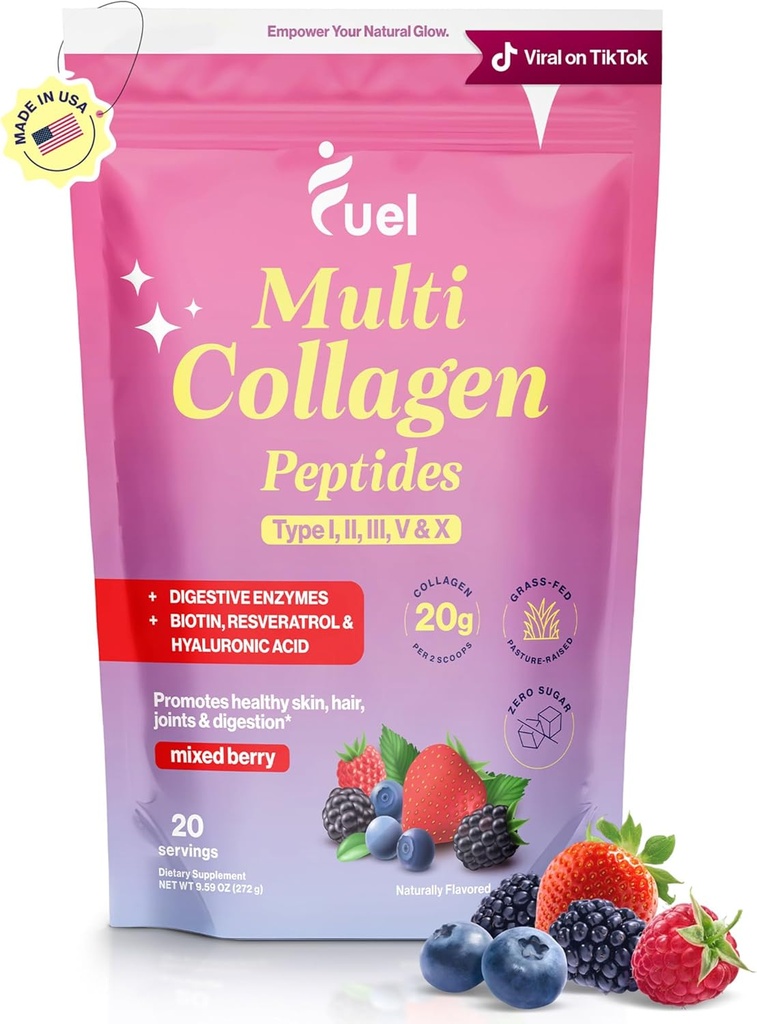 Fuel Multi Collagen Peptides Powder – 20g Hydrolyzed Collagen I, II, III, V & X for Hair, Skin, Nails & Joint Support – Better Absorption – Keto & Gluten Free, Mixed Berry, 9.59oz