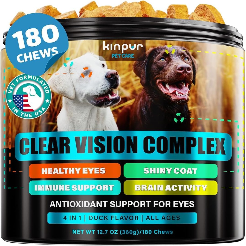 Eye Vitamins for Dogs - Dog Vision Supplement for Tear Stains, Dog Eye Care, Immune Support - Vitamin С, Carrot, Fish Oil, Lutein - 180 Soft Chews with Duck Flavor - for All Breeds and Ages