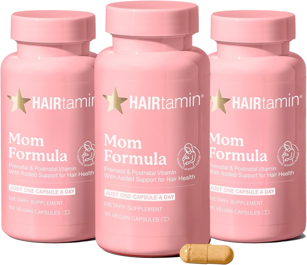HAIRtamin MOM Vegan Prenatal & Postnatal Multivitamin Capsules & Hair Vitamins, Postpartum, Breastfeeding, Hair Nails, and Skin Vitamins for Women with Biotin, Zinc, Iron (3-Pack)