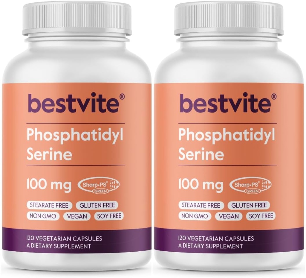 BESTVITE Phosphatidylserine 100mg per Capsule (240 Vegetarian Capsules) (120x2) with Sharp-PS® Green - Patented and Clinically Tested - Stearate Free - Soy Free - Gluten Free - Vegan - Non GMO
