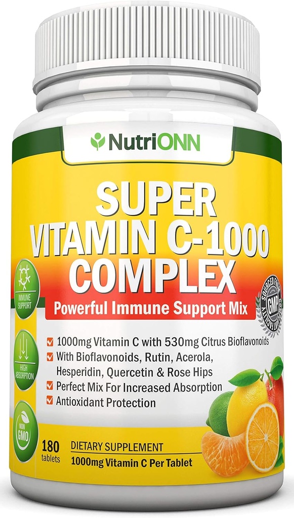 Super Vitamin C Complex - 1695Mg - 180 Tablets - With 530 mg Natural Citrus Bioflavonoids, Rose Hips, Rutin, Quercetin & Hesperidin For Increased Absorption - Advanced Immune Support - Non-GMO