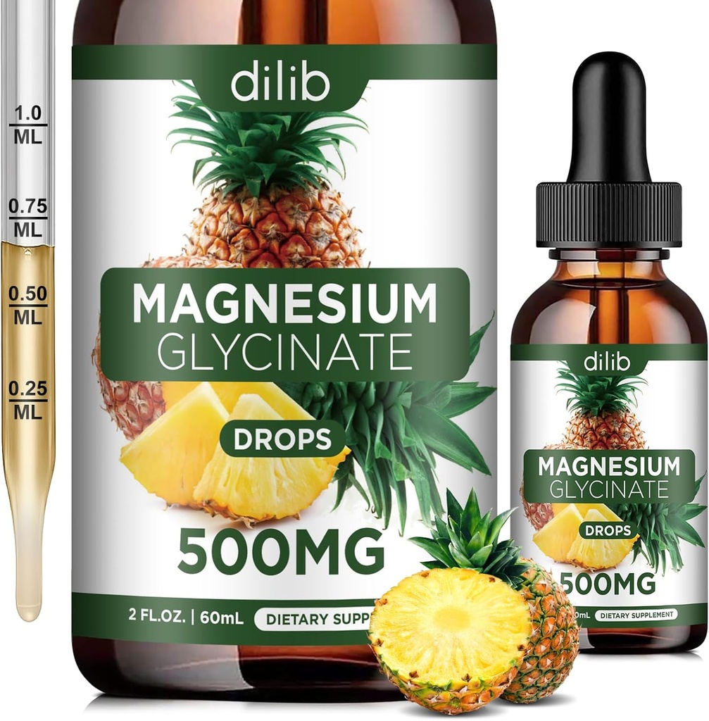Magnesium Glycinate Supplement, Liquid Magnesium Glycinate Liquid Drops 500mg-Support Stress Relief, Relaxation, Mood, Sleep, Bone & Muscle-2 Fl Oz, Vegan, Pineapple Flavor