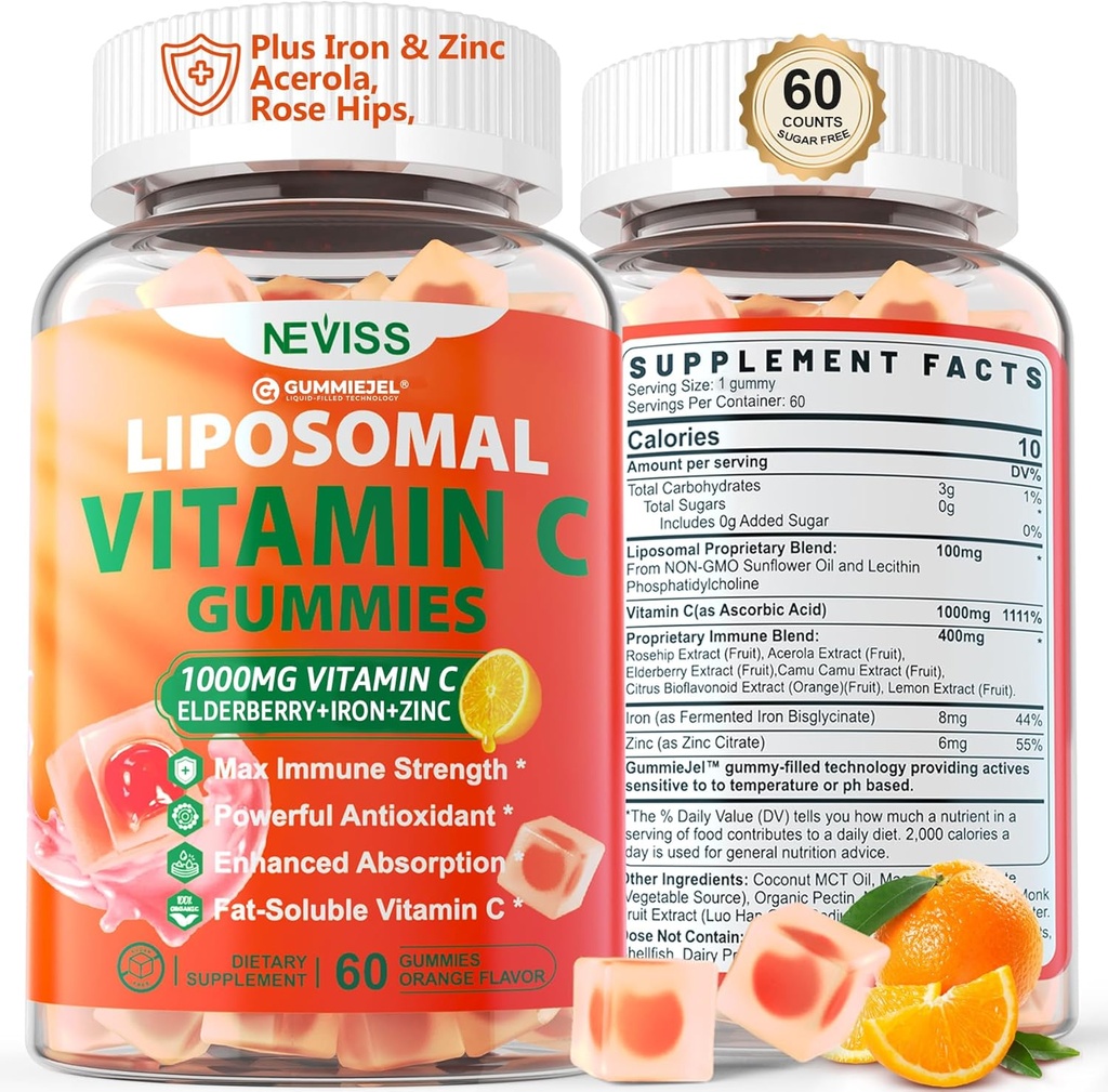 Liposomal Vitamin C 1000mg Gummies for Adults - Vitamin C Chewable 1500mg with 8mg Iron, Zinc & Elderberry - Immune Support, Immune Booster Supplement - for Energy, Collagen Booster, 1Pack Sugar Free
