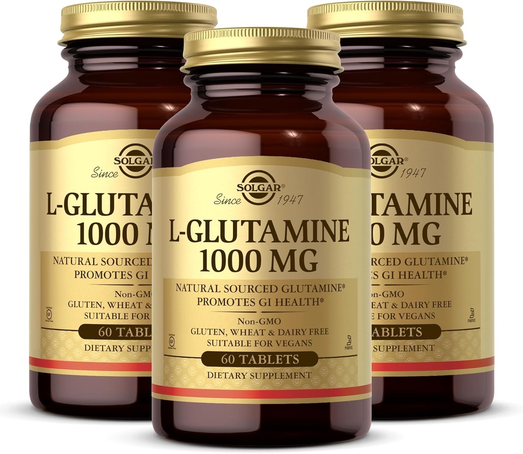Solgar L-Glutamine 1000 mg, 60 Tablets (Pack of 3) - Natural Muscle Food - Promotes Gastrointestinal (GI) Health - Supports Brain Health - Non-GMO, Vegan, Gluten Free, Kosher - 90 Total Servings