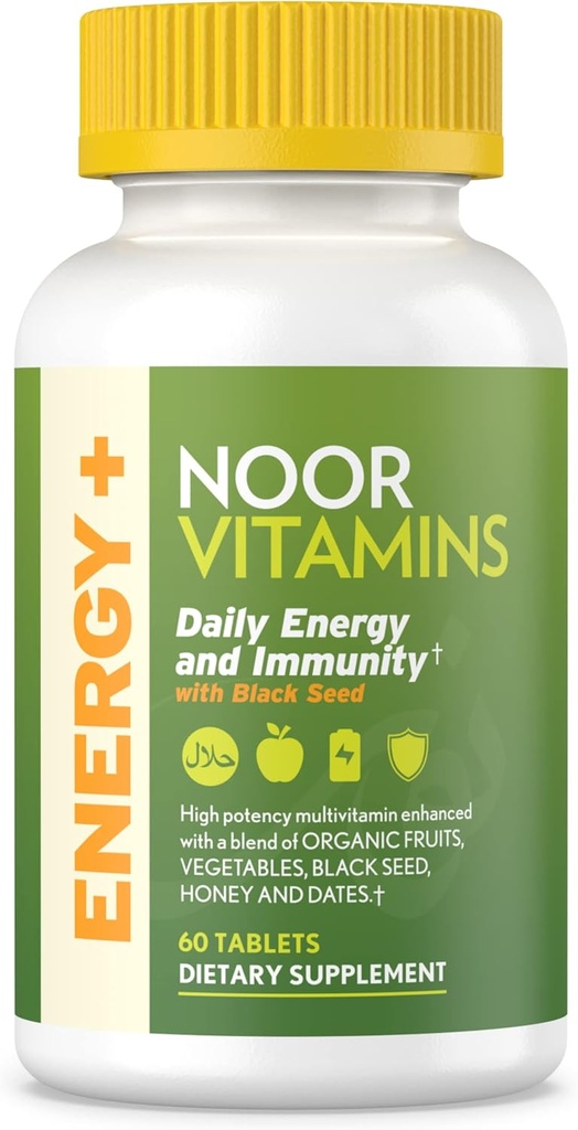 Noor Vitamins Energy+ Multivitamin; Halal Vitamin for Energy Production & Immunity, 26 Vitamins & Minerals, Black Seed, Dates, Honey, for Men & Women. Gelatin Free, 2 Month Supply