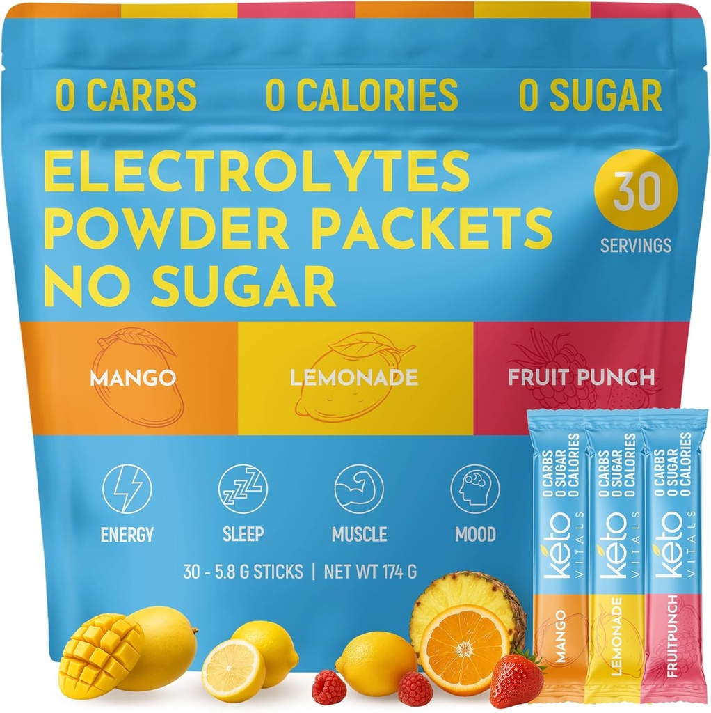 Keto Vitals Original Electrolytes Powder Packets | Keto Friendly Electrolyte Hydration Packs | Sugar Free Electrolytes | Energy Drink Mix | Zero Calorie Zero Carb (Original Assorted, 30 Count)