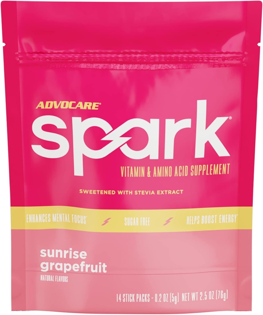 AdvoCare Spark Vitamin & Amino Acid Supplement - Sugar-Free Focus & Energy Drink Powder with Vitamins A, C, E & B-12 - Sunrise Grapefruit, 14 Stick Packs