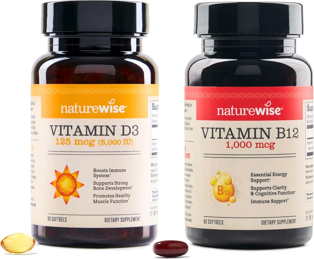 NatureWise Vitamin D3 5000iu, B12 1000mcg Mental Clarity Energy Support Immune Health Non-GMO Gluten Free Olive Oil Softgels