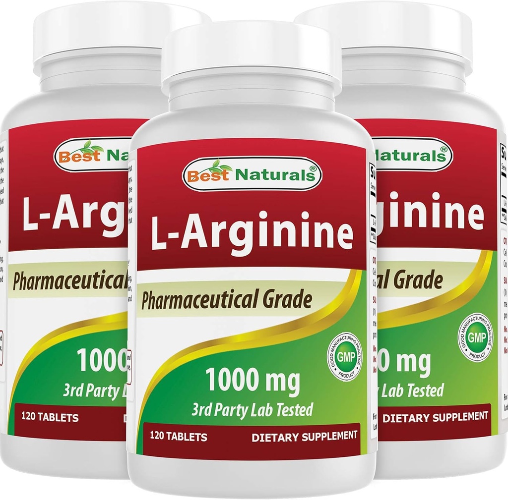 Best Naturals 3 Pack L-Arginine 1000 mg 120 Tablets - Pharmaceutical Grade L Arginine Supplement Promotes Nitric Oxide Synthesis (Total 360 Tablets)