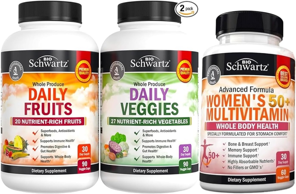 BioSchwartz Daily Fruits and Veggies Supplement for Women and Men (1 Month Supply) Plus Daily Multivitamin for Women 50 & Over (1 Month Supply)