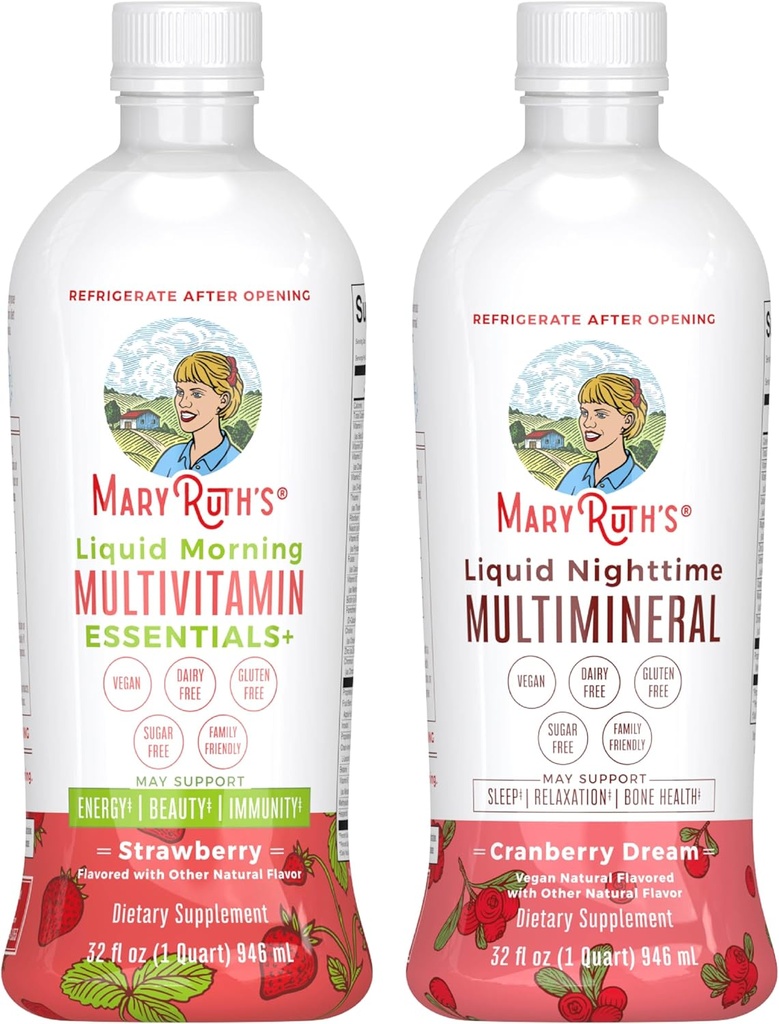 MaryRuth's Liquid Morning Multivitamin (Strawberry) & Liquid Nighttime Multimineral (Cranberry) | Clean Label Project Verified® | Vitamins for Energy, Bedtime, & Overall Health | Vegan,
