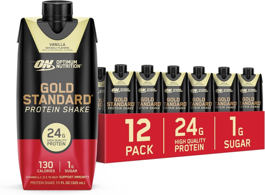 Optimum Nutrition Gold Standard Protein Shake, 24g Protein, Ready to Drink Protein Shake, Gluten Free, Vitamin C for Immune Support, Vanilla, 11 Fl Oz, 12 Count (Pack of 1) (Packaging May Vary)