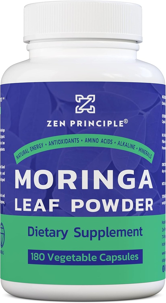 Zen Principle Organic Moringa Oleifera. Ultra-Premium. Provides an All Natural Energy Boost and Multi-Vitamin. A Raw Superfood, Vegan, No GMO and Gluten Free. 180 Capsules.