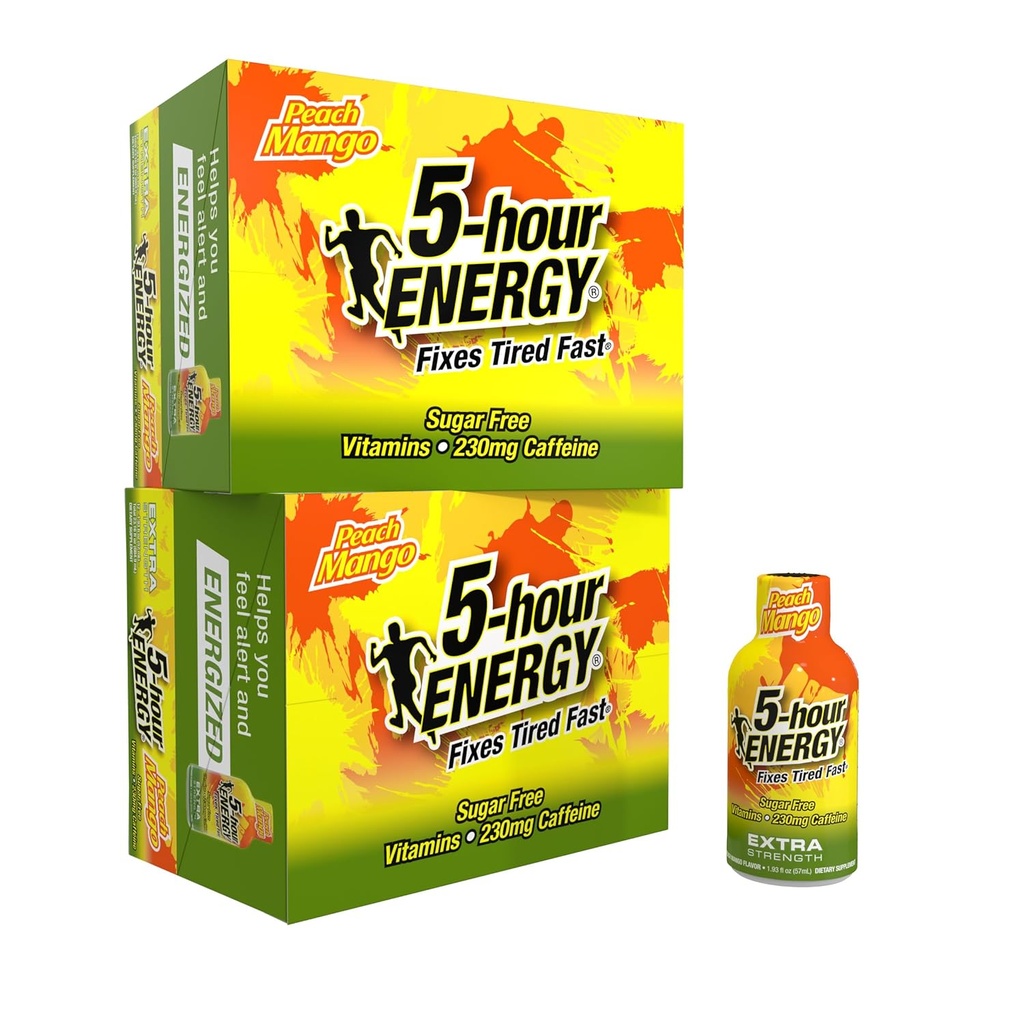 5-hour ENERGY Extra Strength Energy Shot, Peach Mango Flavor (1.93 oz. - 24 Count) Zero Calories & Sugar-Free 230 mg Caffeinated Shot, Amino Acids & B Vitamins, Dietary Supplements