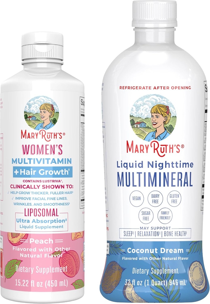 MaryRuth's Women's Multivitamin + Hair Growth Liposomal (Peach) & Liquid Nighttime Multimineral (Coconut, 15oz) | Clean Label Project Verified® | Vegan | Beauty, Bedtime Routine, & Overall Health