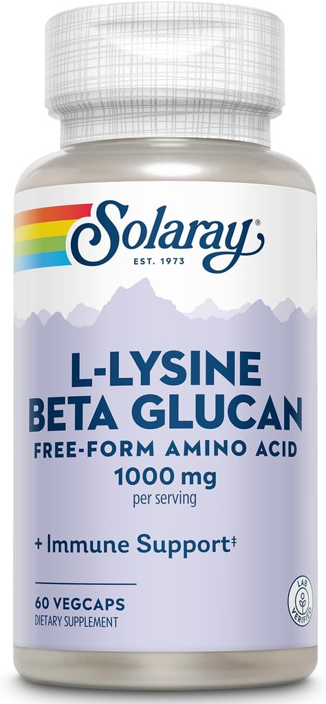 SOLARAY L-Lysine with Beta Glucan, Free Form Amino Acid, L-Lysine 1000mg Capsules, Immune Support Supplement, Healthy Skin and Lips Support, 60-Day Guarantee, Lab Verified, 30 Servings, 60 VegCaps