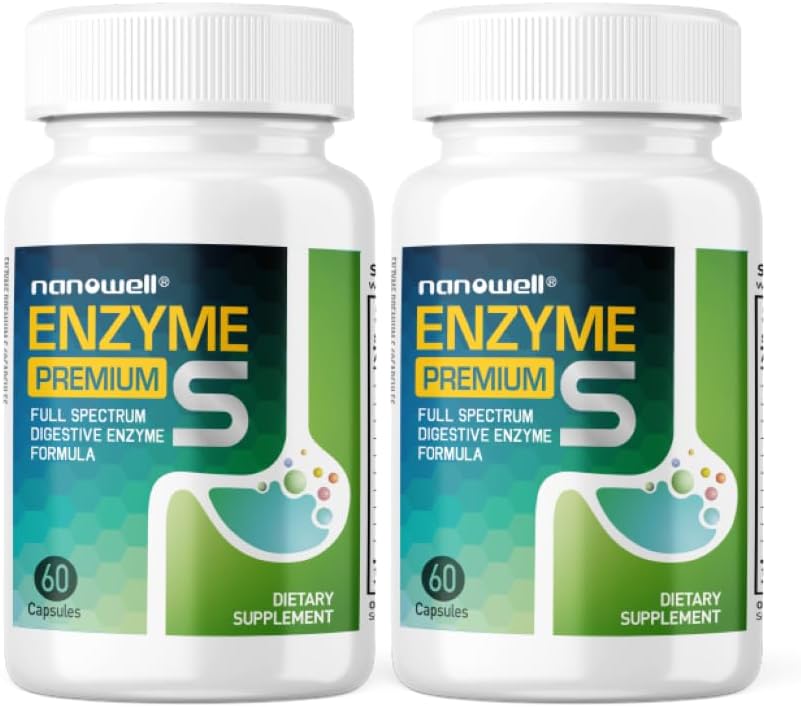 NANOWELL Enzyme Premium S Digestive Health Supplement, Multi Enzymes, Bromelain from Pineapple, Papain from Papaya - 60 Capsules X 2 Bottles (120 Count)