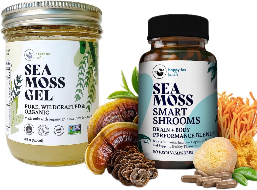 HAPPY FOX Brain & Body Convenience Capsules Bundle - Organic Sea Moss Gel & Smart Shrooms Capsules - Irish Sea Moss & Mushroom Complex, Nootropic Brain Supplements for Memory & Focus