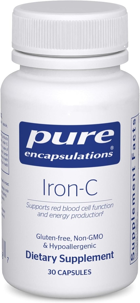 Pure Encapsulations Iron-C - 15 mg - 175 mg Vitamin C - Red Blood Cell Support* - Energy Production - Highly Bioavailable Iron Pill - Gluten Free & Vegan - 30 Capsules