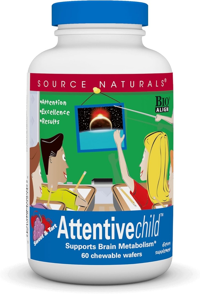 Source Naturals Attentive Child - Healthy Cognitive Nutrients for Active Children - Improved Focus & Attention with DMAE, Magnesium, Zinc & Grape Seed Extract - 60 Chewable Wafers.