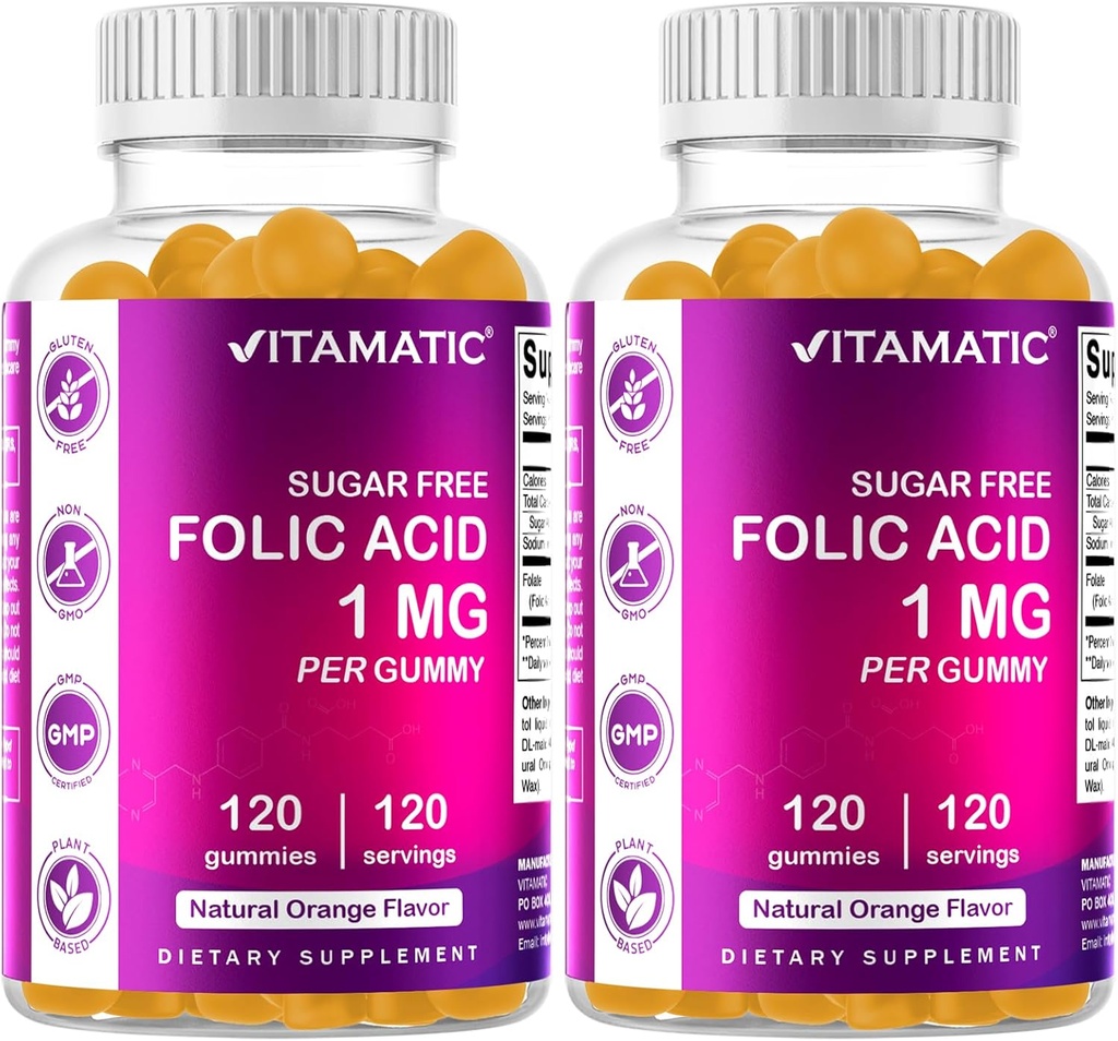 Vitamatic Folic Acid Gummies 1000 mcg (1 mg) – Essential Prenatal Vitamin B9 for Mom & Baby – 120 Vegan Gummies per Bottle – 2 Pack
