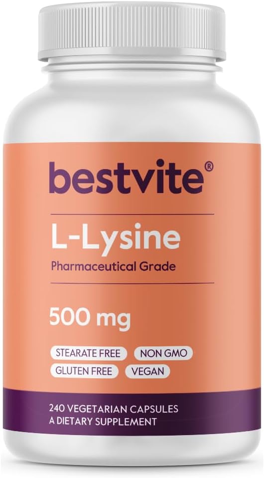 BESTVITE Filler-Free L-Lysine 500mg (240 Veg Capsules) - Vegan - No Stearates or Fillers - Non GMO - Gluten Free - No Dicalcium Phosphate - Amino Acid Supporting Skin, Lip & Immune Health*