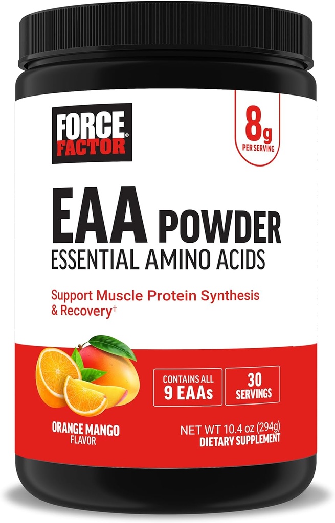 Force Factor Essential Amino Acids, Full Spectrum EAAs Amino Acids Powder, Amino Acids Supplement for Women and Men to Support Healthy Muscle and Workout Recovery, Orange Mango, 30 Servings