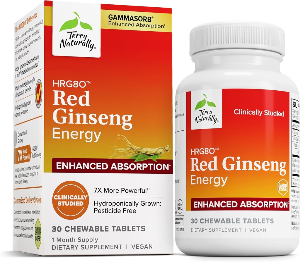 Terry Naturally HRG80 Red Ginseng Energy - Support Healthy Energy & Focus - Herbal Supplement with Korean Red Ginseng Root Powder - Vegan Tablets to Aid Healthy Endurance - 30 Chewable Tablets