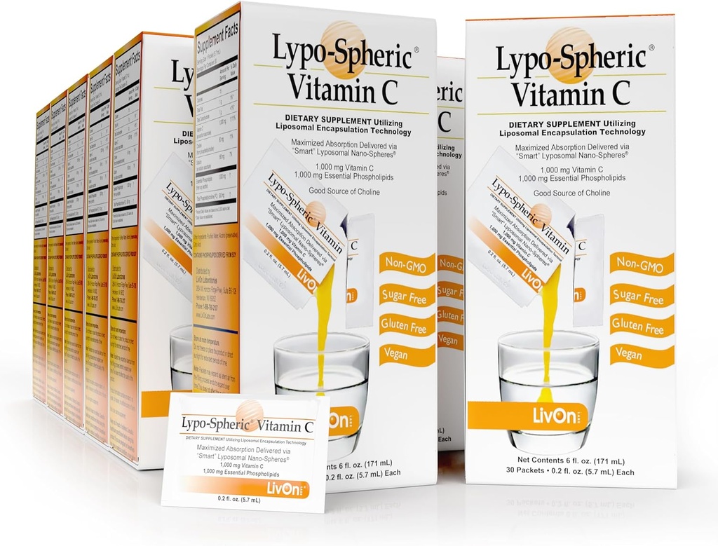 LivOn Laboratories Lypo–Spheric Vitamin C – 1,000 mg Vitamin C & 1,000 mg Essential Phospholipids Per Packet – Liposome Encapsulated for Improved Absorption – Non–GMO(12 Cartons,360 Packets)