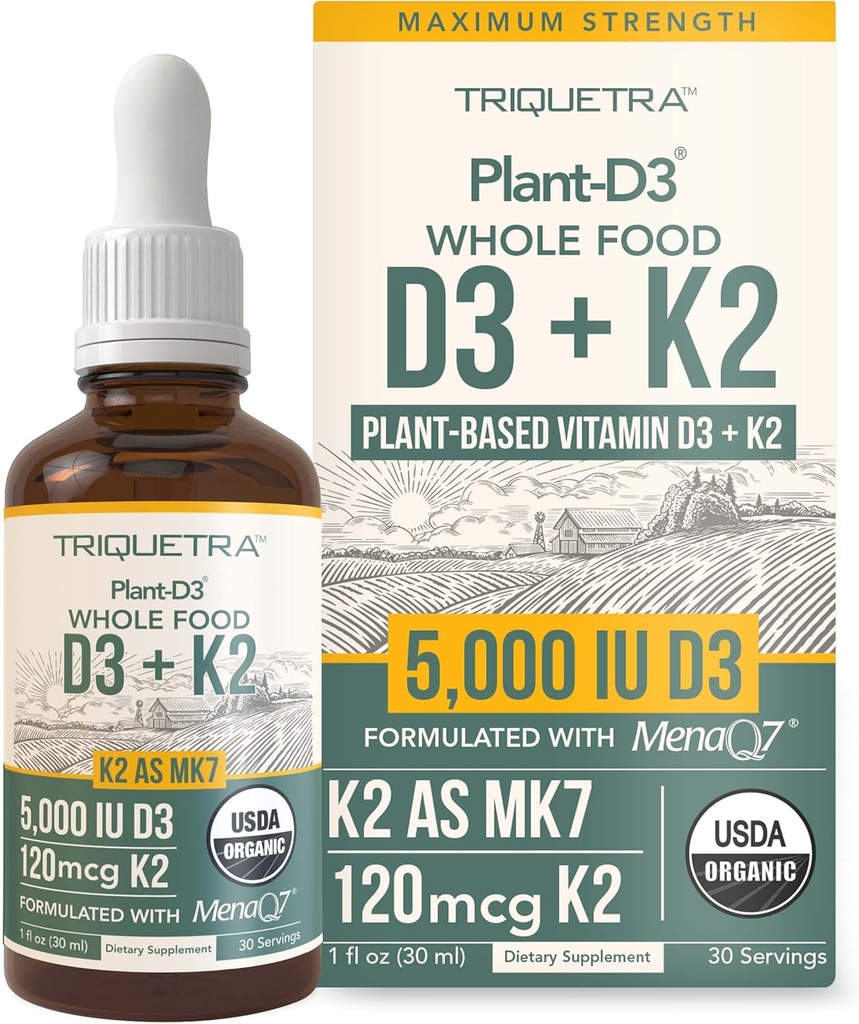 Organic Plant D3 + K2 (5000 iu D3) - All-Trans MK7 from MenaQ7 (120 mcg K2) - 100% Organic & Plant-Based Sublingual D3 Drops (Cholecalciferol), 100% Vegan - Supports Immunity, Bone(1oz)