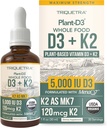 Organic Plant D3 + K2 (5000 iu D3) - All-Trans MK7 from MenaQ7 (120 mcg K2) - 100% Organic & Plant-Based Sublingual D3 Drops (Cholecalciferol), 100% Vegan - Supports Immunity, Bone(1oz)