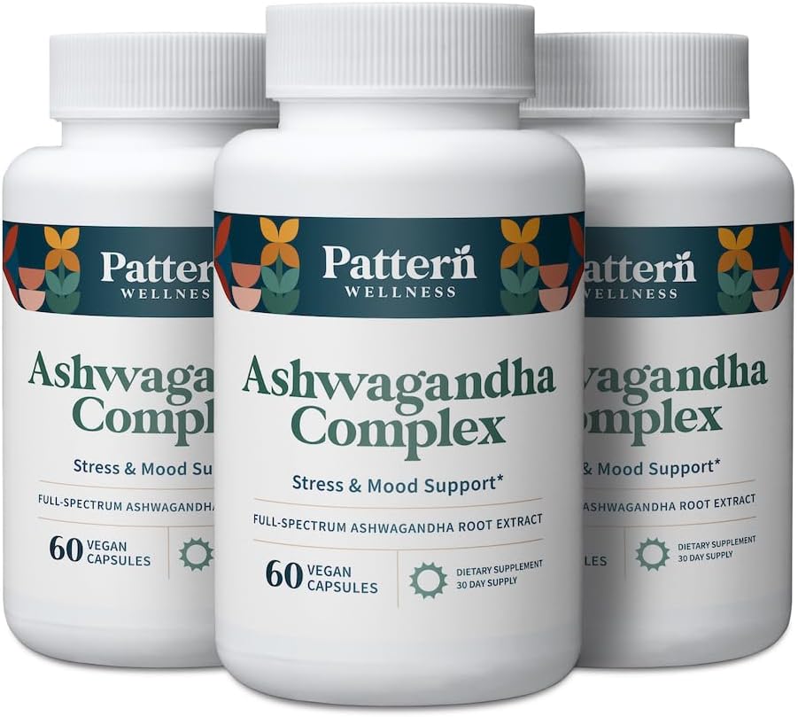 Pattern Wellness Ashwagandha Complex for Men & Women - KSM-66 & Black Pepper Extract - Whole Body & Heart Health - Supports Stress & Mood - Non-GMO - 180 Vegan Capsules